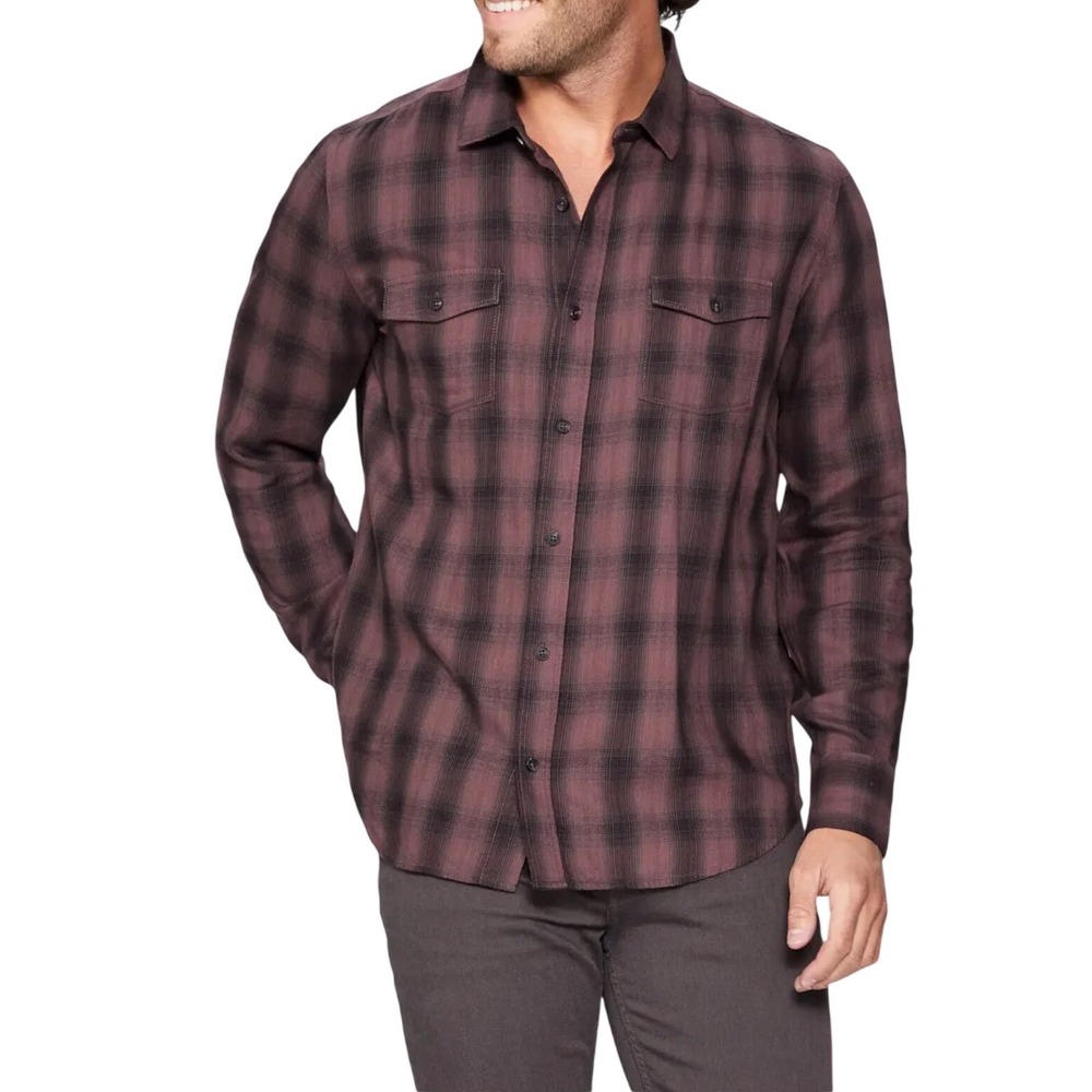 PAIGE Everett Plaid Flannel Button-Up Shirt Mens Large Mauve Black Shadow Check